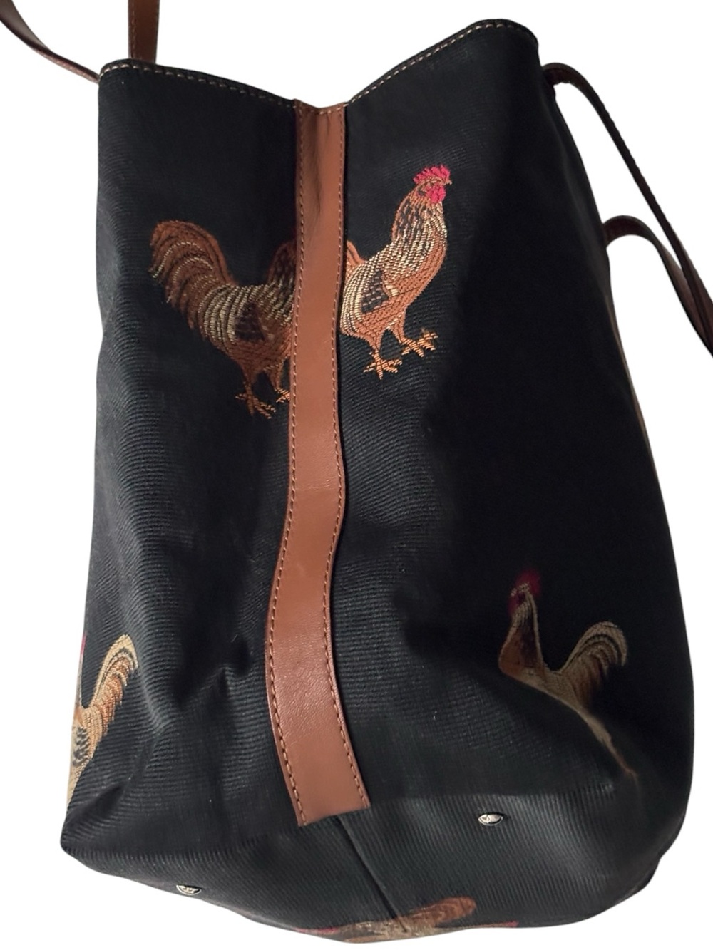 Talbots vintage black woven embroidered roster shoulder tote bag with brown trim - Picture 8 of 15
